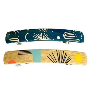 Stay Tight French Barrette Set of 2 Blue Beige Acrylic 3.5" Long Hair Pop Art